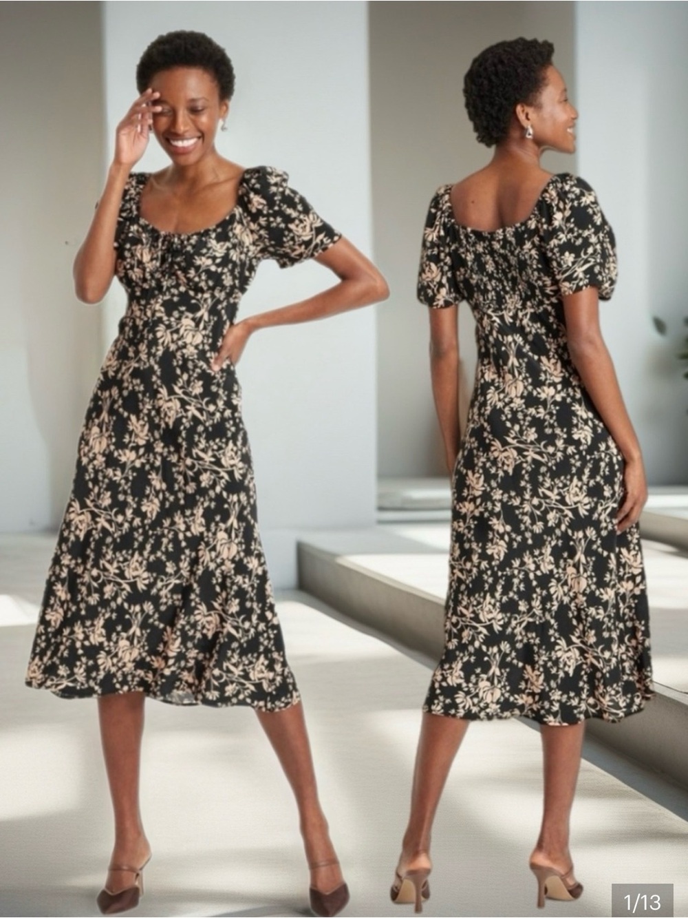 a new day Black Midi Dress with Cream Floral Pattern